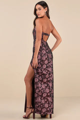 Demure Muse Plum Purple Floral Jacquard Strapless Maxi Dress