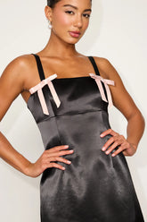Yesemia Black Satin Bow Skater Mini Dress