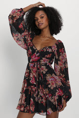 Dramatically Dreamy Black Floral Chiffon Tiered Lurex Mini Dress