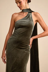 Eleni Dusty Olive Velvet One-Shoulder Sash Maxi Dress