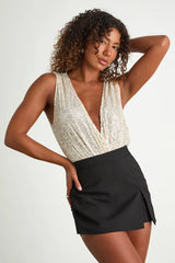 Evening of Wonder Silver Sequin Cowl Back Bodysuit