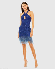 Blue Cross Front Keyhole Top Beaded Fringe Mini Dress - FINAL SALE