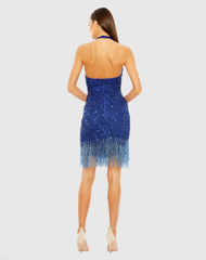Blue Cross Front Keyhole Top Beaded Fringe Mini Dress - FINAL SALE