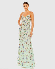 Green Embellished Spaghetti Strap Lace Up Gown