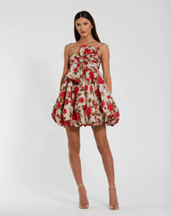Multicolor Brocade Bubble Skirt Mini Dress with Bow