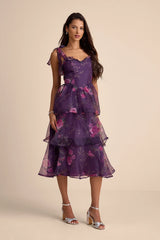 Fairytale Cutie Purple Floral Tie-Strap Tiered Midi Dress