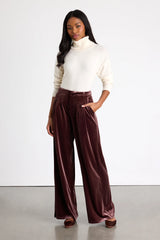 Chic Splendor Dark Mauve Velvet Pleated High-Rise Wide-Leg Pants