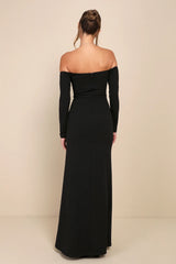 Alluring Sophistication Dark Plum Off-the-Shoulder Maxi Dress