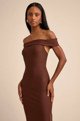 Chastain Brown Ponte Knit Off-the-Shoulder Maxi Dress