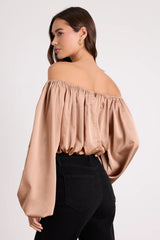 Jordana Tan Satin Off-the-Shoulder Crop Top