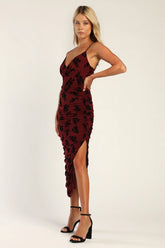 Eloquent Essence Burgundy Burnout Velvet Floral Midi Dress