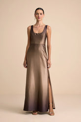 Cerise Brown Ombre Satin Sleeveless Maxi Dress