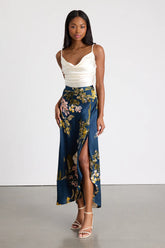 Superbly Stunning Navy Floral Print Satin Maxi Skirt