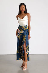 Superbly Stunning Navy Floral Print Satin Maxi Skirt