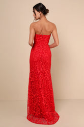 Romantic Beauty Red Floral Embroidered Strapless Maxi Dress
