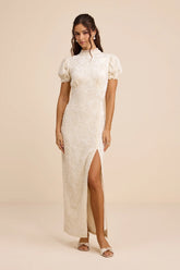 Cadison Cream Textured Puff Sleeve Column Maxi Dress