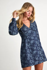 Darling Girl Dark Blue Floral Denim Long Sleeve Mini Dress
