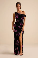 Marnella Burgundy Floral Velvet Burnout Asymmetrical Maxi Dress