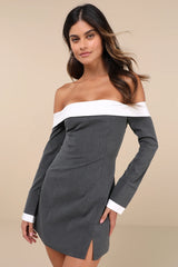 Distinct Composure Grey Pinstriped Off-the-Shoulder Mini Dress