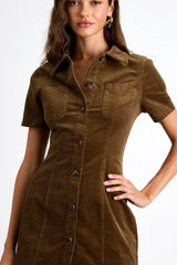 Rhienne Dark Olive Corduroy Button-Front Short Sleeve Mini Dress
