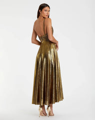 Gold Sleeveless V Neck Pleated Top Metallic Dress