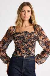 Mood Setter Black Floral Print Ruched Long Sleeve Top