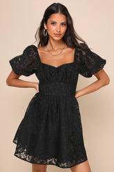 Sweetest Effect Black Floral Burnout Puff Sleeve Mini Dress