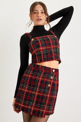 Adorably Posh Dark Green Multi Plaid Tweed Faux-Wrap Mini Skirt