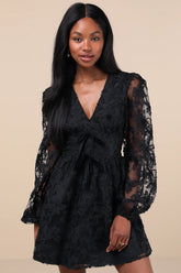 Gorgeous Outcome Black Mesh 3D Applique Long Sleeve Mini Dress