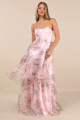 Truly Extraordinary Purple Floral Organza Strapless Maxi Dress