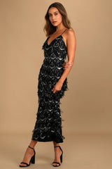 Marvelous Moment Black Sequin Fringe Maxi Dress