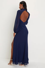 Graceful Entrance Navy Blue Long Sleeve Backless Maxi Dress