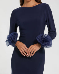 Navy Long Sleeve Fitted Jersey Gown With 3D Flowers