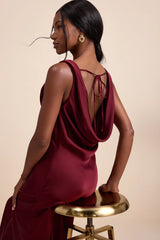 Aernah Wine Red Satin Cowl Tie-Back Slip Maxi Dress