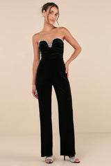 Fabulous Instinct Dark Blue Velvet Pearl Strapless Jumpsuit