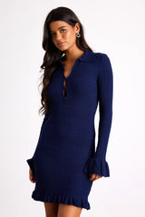 Coralee Navy Textured Collared Ruffled Sweater Mini Dress
