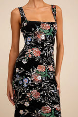 Camesha Black Multi Floral Velvet Sequin Maxi Dress