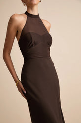 Baani Dark Brown Column Halter Maxi Dress