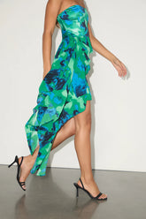 Demia Green and Blue Abstract Strapless Sash Mini Dress