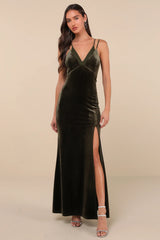 Immensely Glam Olive Green Velvet Backless Maxi Dress