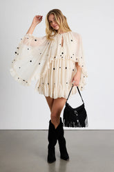 Rhozie Cream Embroidered Swiss Dot Cape Sleeve Tiered Mini Dress