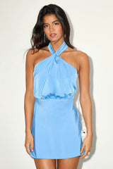 Sleek Essence Blue Satin Halter Sleeveless Mini Dress