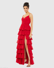 Red V-Neck Sleeveless Gown with Ruffled Skirt