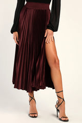 Sophisticated Vision Plum Satin Pleated Midi Skirt