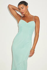 Giorgina Sage Mesh Gathered Trumpet Midi Dress