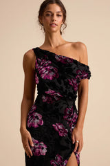 Marnella Burgundy Floral Velvet Burnout Asymmetrical Maxi Dress