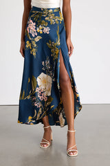 Superbly Stunning Navy Floral Print Satin Maxi Skirt