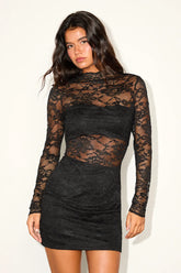 Elisena Black Sheer Lace Long Sleeve Bodycon Mini Dress