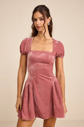 Louisa Pink Velvet Puff Sleeve Mini Dress