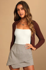 Smart Style Beige Plaid Asymmetrical Mini Skort